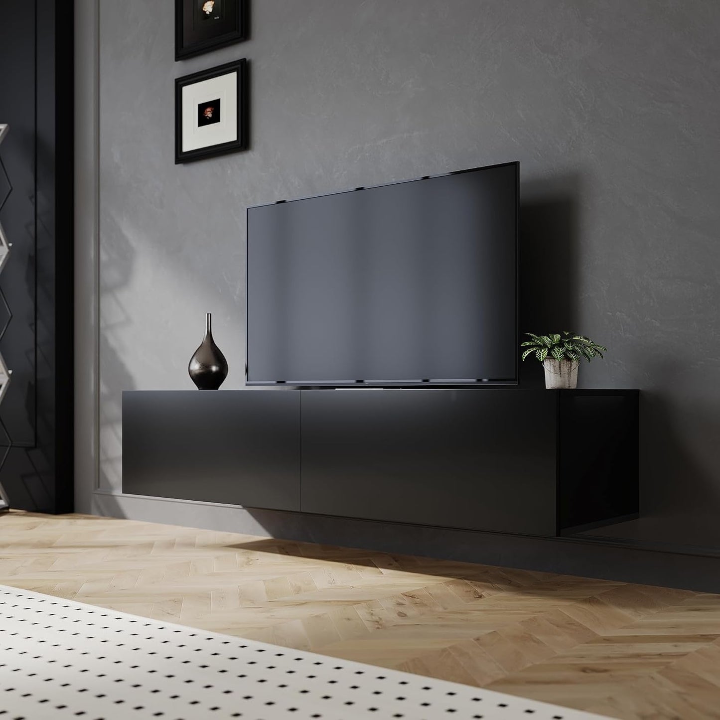 Meuble TV noir ¨¤ poser ou ¨¤ suspendre avec deux placards et grand espace de rangement
