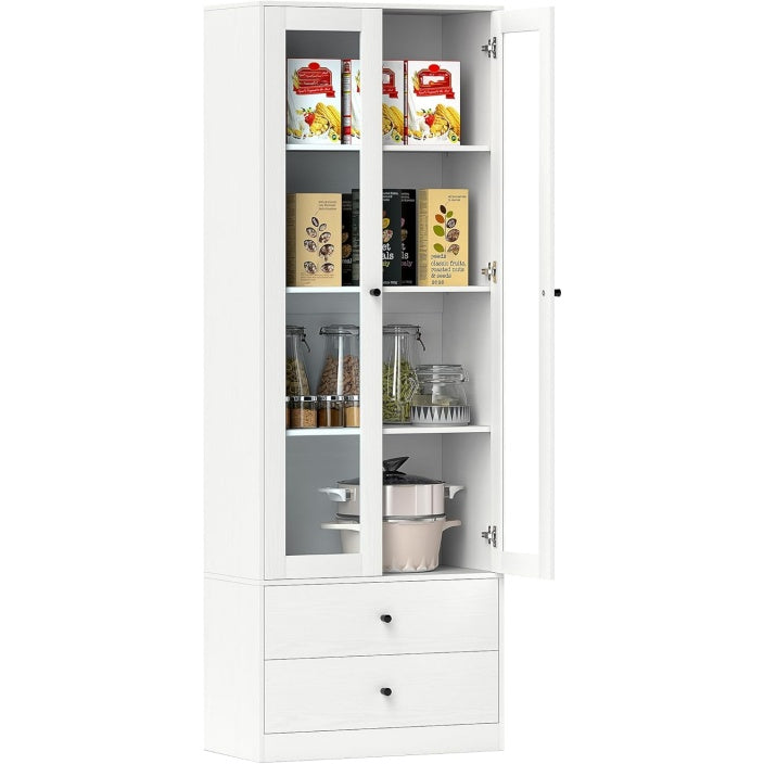 Colonne de rangement blanche avec portes vitrees, deux tiroirs et etag¨¨res modulables