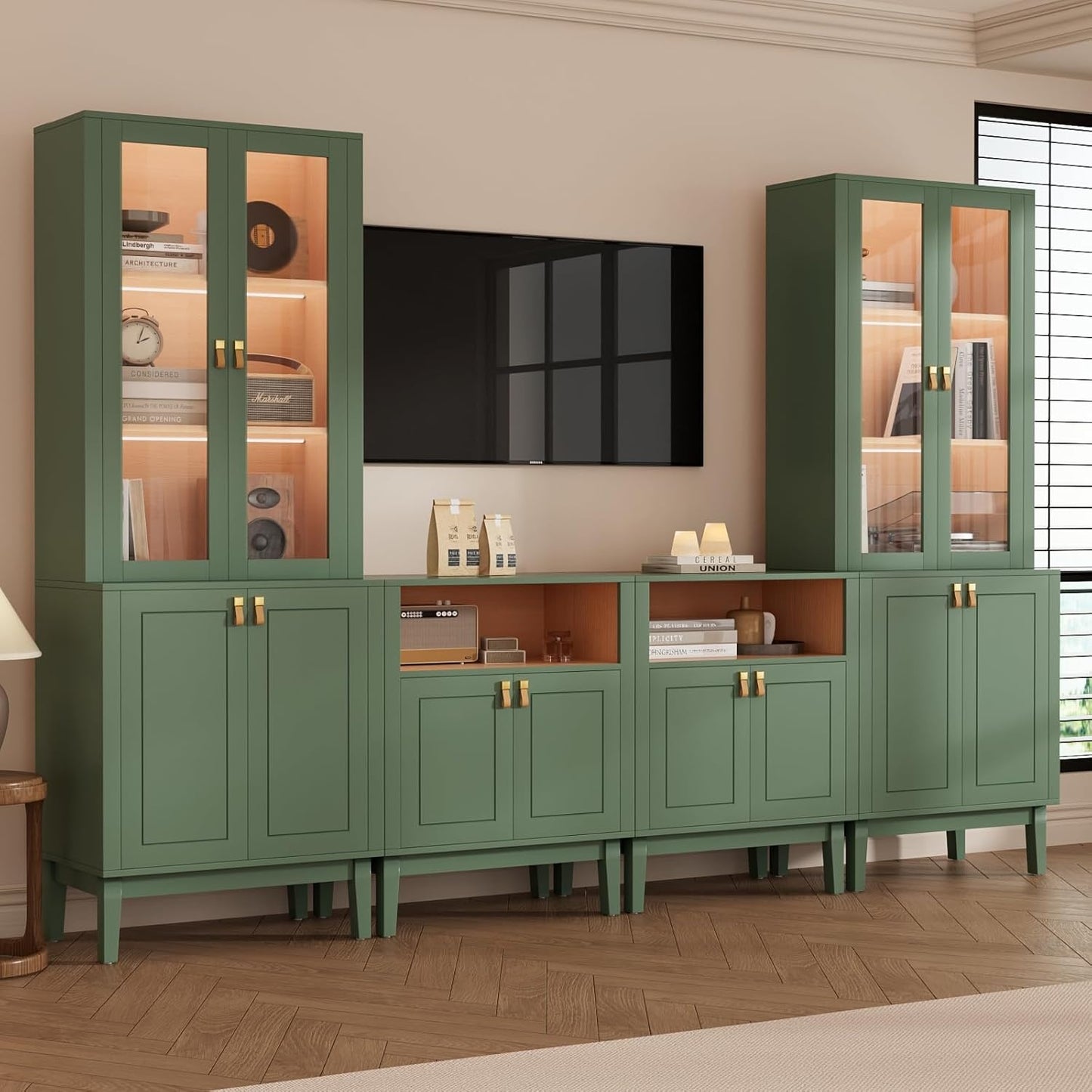 Ensemble meuble TV 240 cm avec bibliotheque LED et portes en verre, compatible jusqua 50 pouces, vert