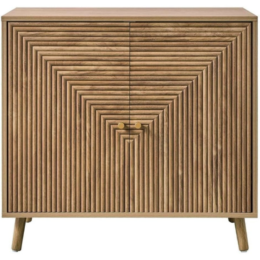 Buffet compact effet ch¨ºne avec deux portes decor lames, boutons dores et pieds en bois
