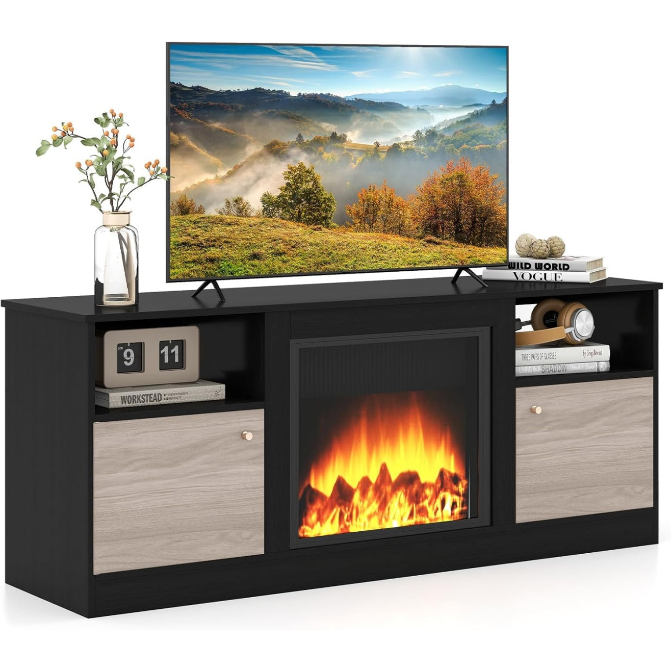 Meuble TV noir avec eclairage LED multicolore, compartiment ouvert et tablette ajustable pour ecran jusqu'¨¤ 65 pouces