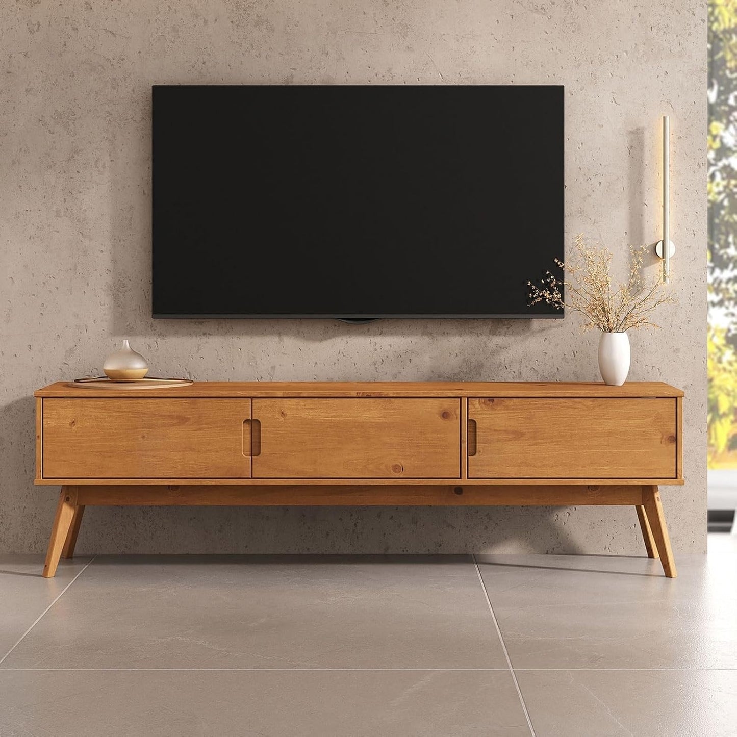 Banc TV scandinave en ch¨ºne massif de 180 cm avec grands compartiments de rangement