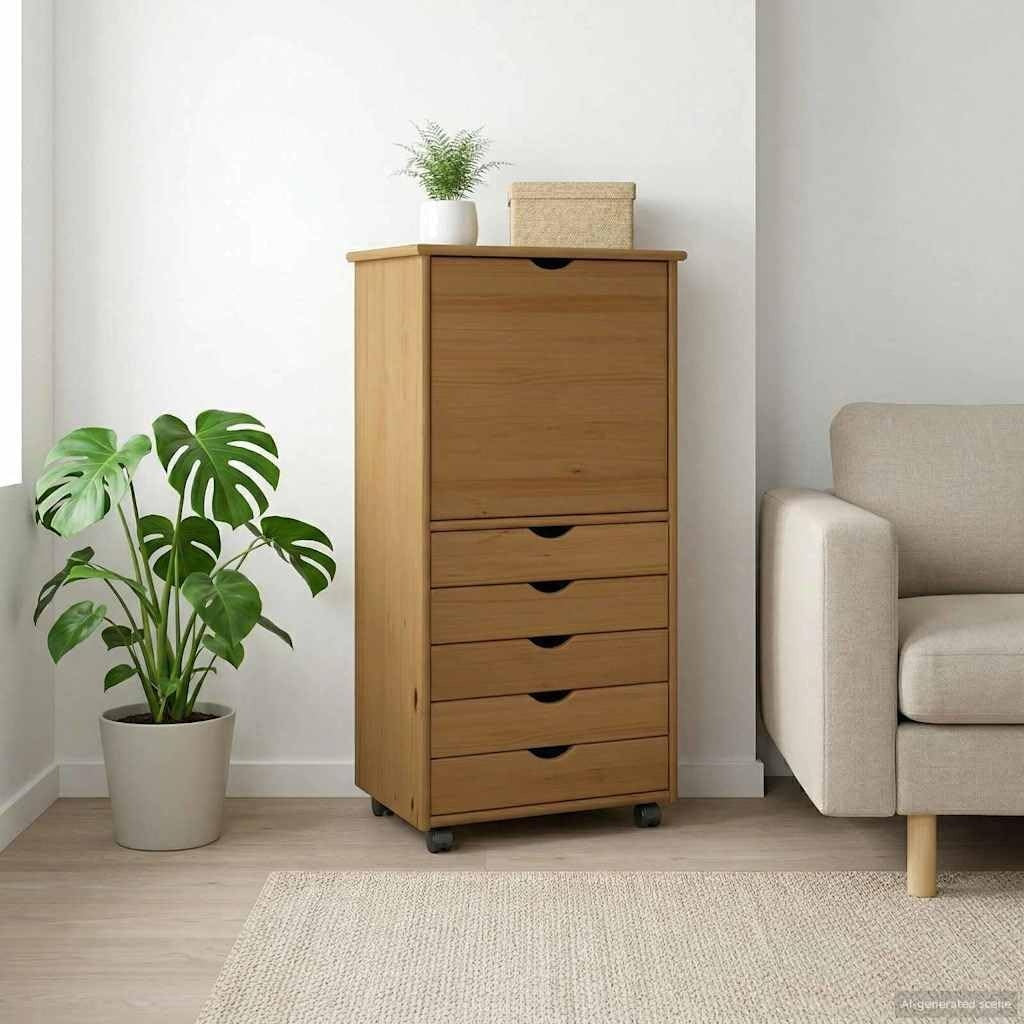 Caisson de rangement mobile en pin massif avec tiroirs et roulettes pour bureau, chambre ou cuisine