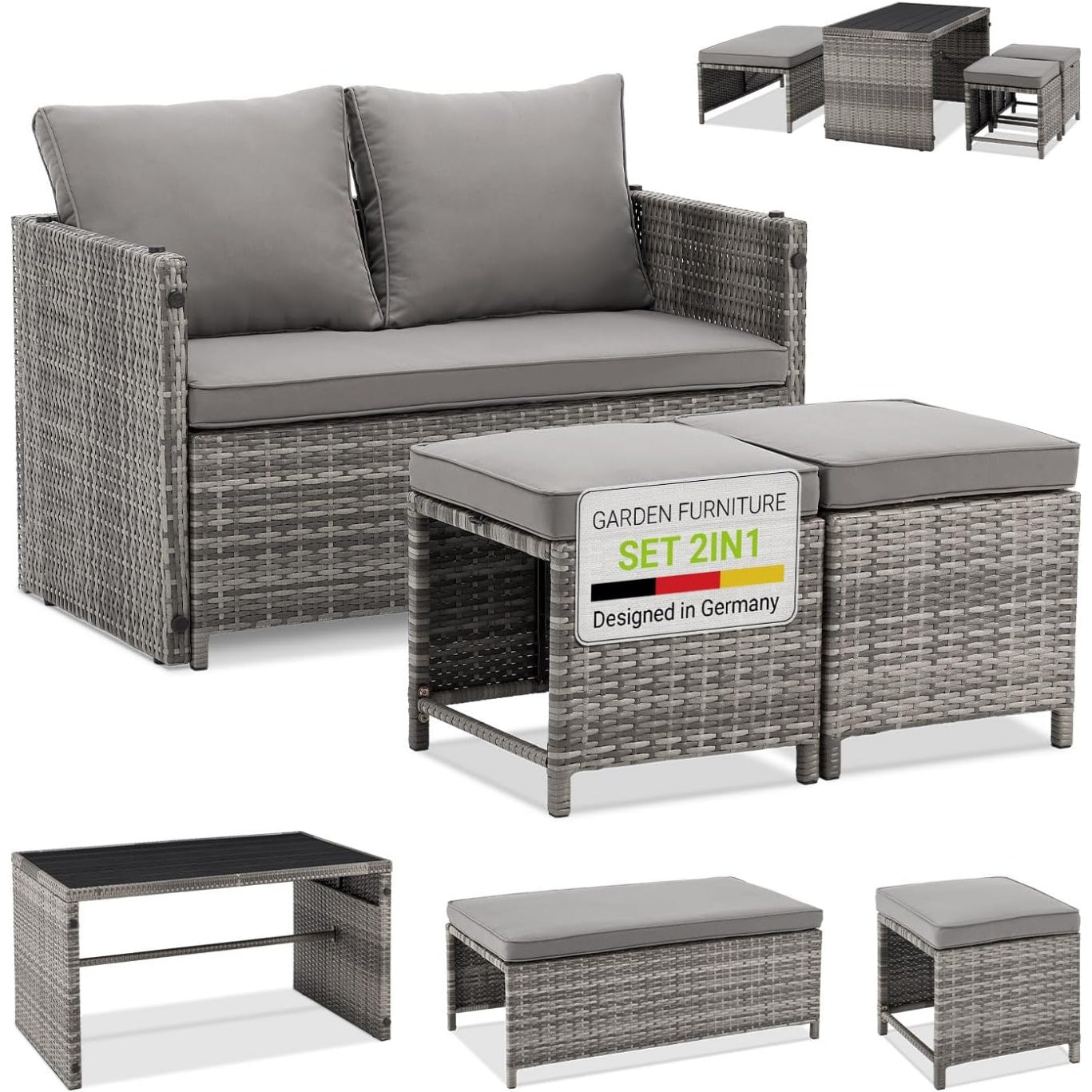 Ensemble lounge de jardin en resine tressee comprenant canape et table, ideal pour balcon ou terrasse
