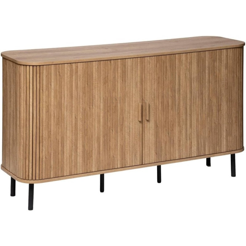 Meuble bas 140 cm avec deux portes, six niches ouvertes et decor effet chene pour salon ou bureau