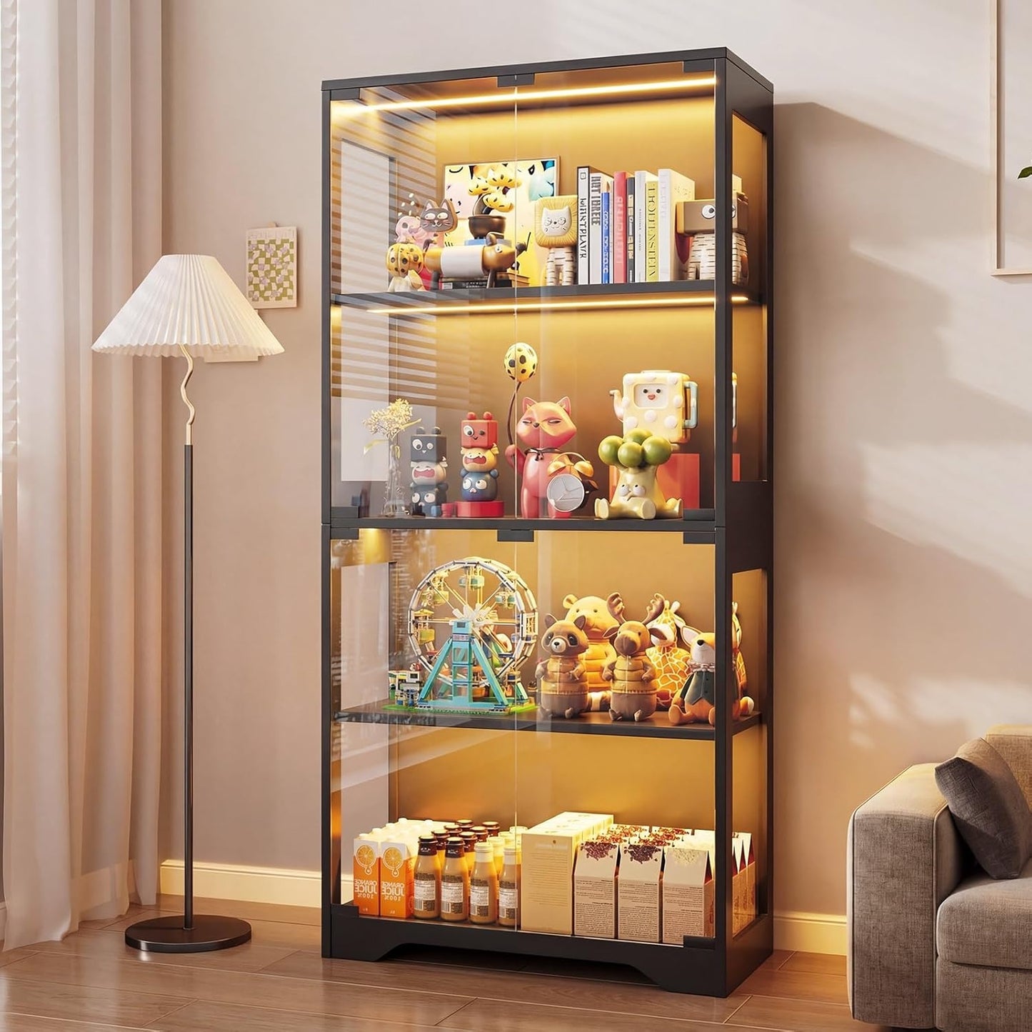 Vitrine LED avec 4 niveaux, portes en verre et eclairage multicolore, meuble d'exposition pour collections, noir