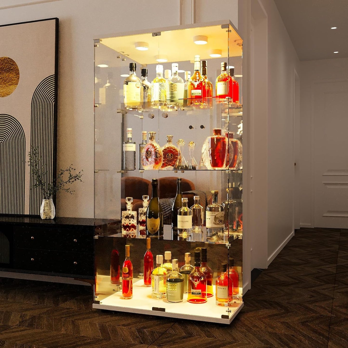 Armoire vitree avec serrure, eclairage LED et quatre niveaux de presentation, finition blanc miroir
