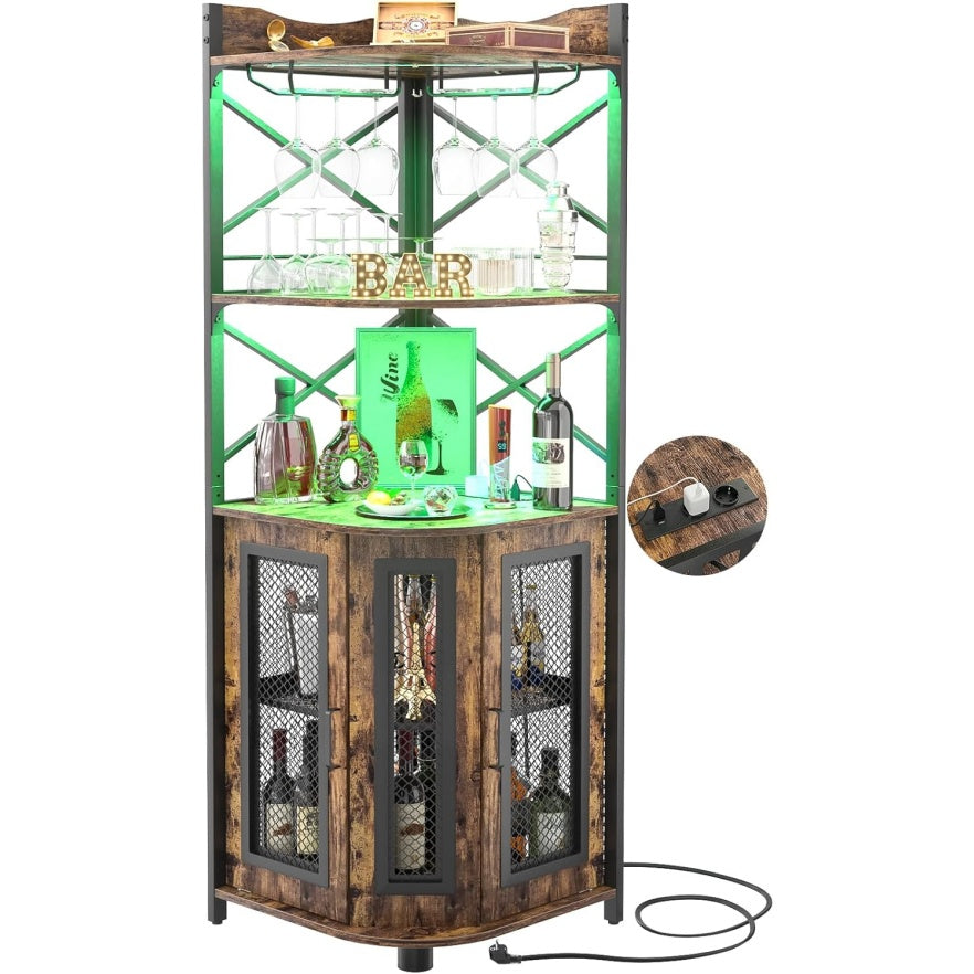 Meuble bar d'angle industriel avec prise electrique, bande LED, porte verres et cinq niveaux de rangement