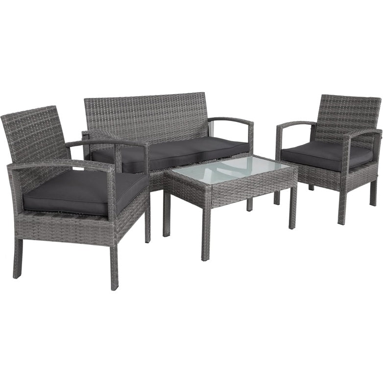 Mobilier d'exterieur en resine tressee comprenant un banc, deux fauteuils et une table pour quatre personnes