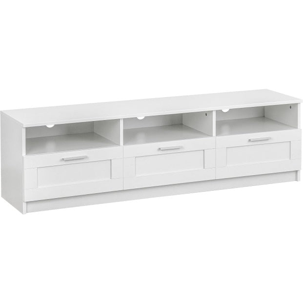 Meuble TV 140 cm avec 3 etag¨¨res, 3 tiroirs et passe-cables, console multimedia en MDF, blanc