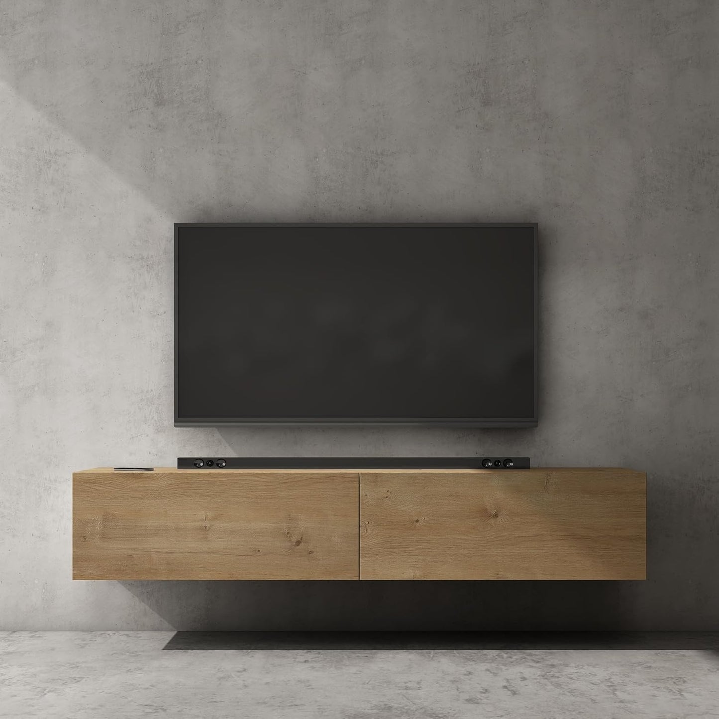 Support TV compact avec portes de rangement et lignes contemporaines