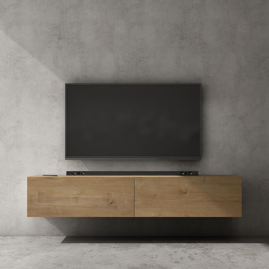 Support TV compact avec portes de rangement et lignes contemporaines