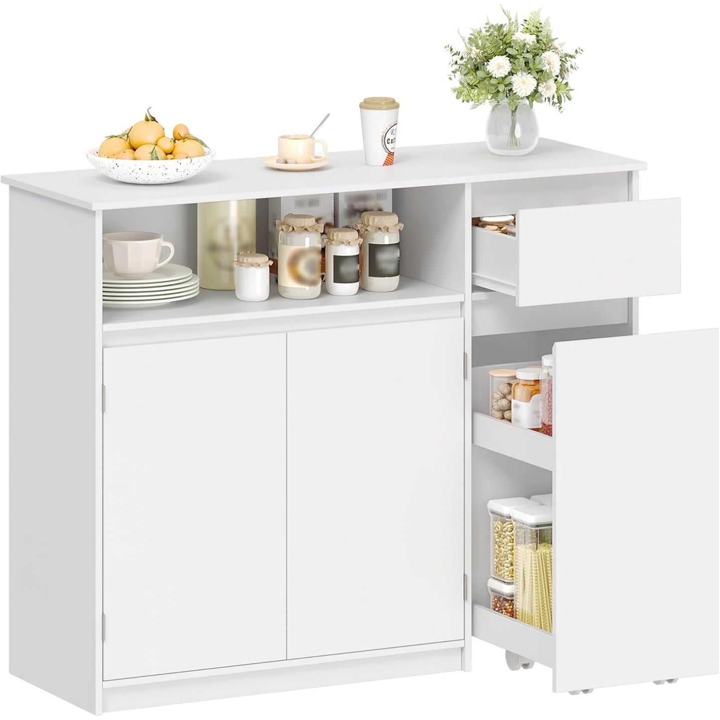 Buffet multifonction blanc avec chariot mobile, tiroirs et etag¨¨res reglables pour cuisine ou salle ¨¤ manger
