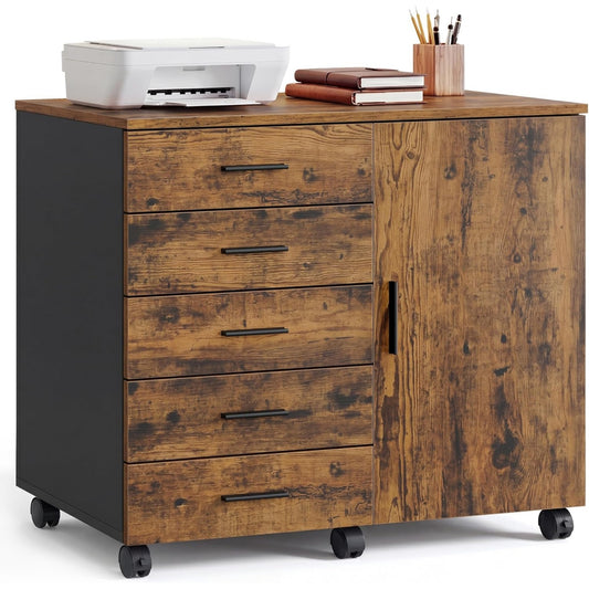 Caisson de bureau mobile avec 5 tiroirs, placard lateral et support pour imprimante, meuble de rangement sur roulettes 80 x 40 x 65 cm, marron rustique et noir