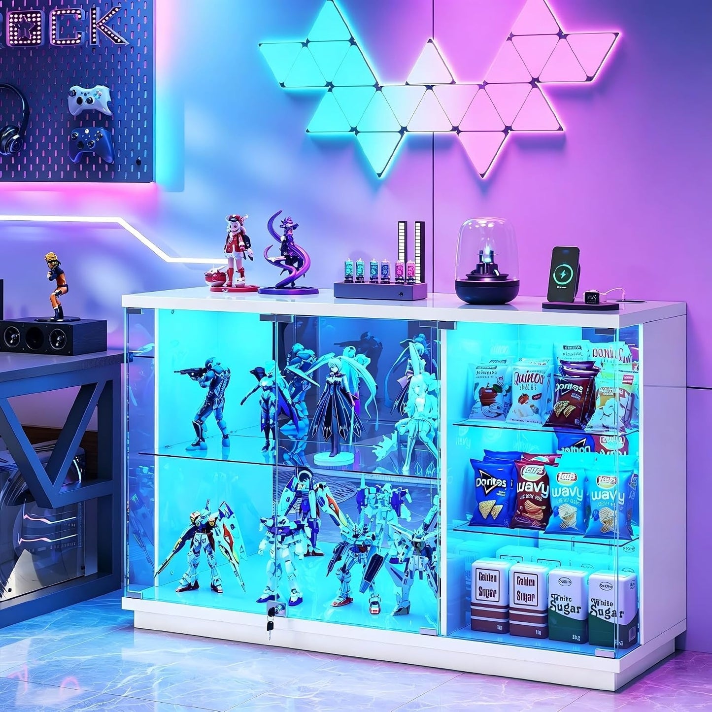Biblioth¨¨que vitree avec porte verrouillable, eclairage LED intelligent et connectique Type C pour collections