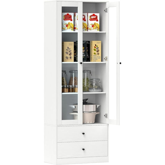 Colonne de rangement blanche avec portes vitrees, deux tiroirs et etag¨¨res modulables