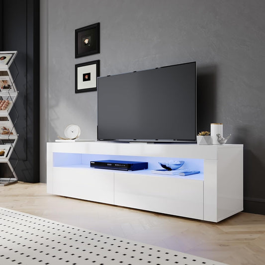 Console TV blanche avec LED RGB, deux placards fermes et rangements spacieux