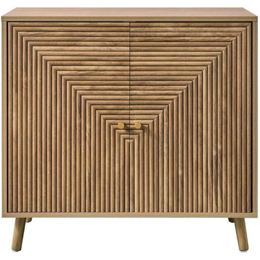Buffet compact effet ch¨ºne avec deux portes decor lames, boutons dores et pieds en bois