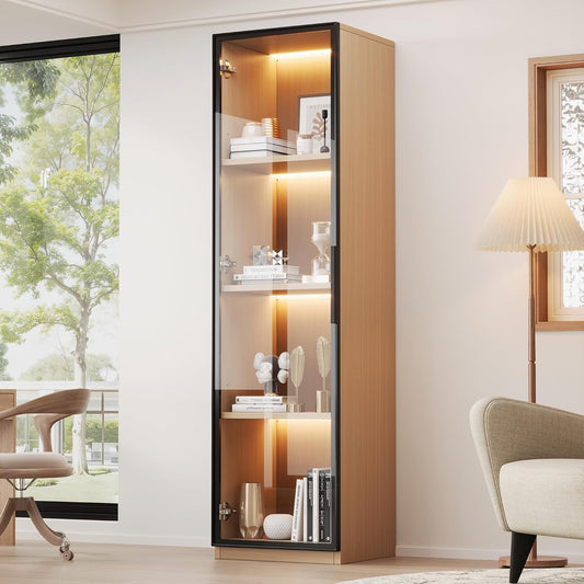 Vitrine etroite 40 x 40 x 165 cm avec porte en verre trempe, eclairage LED et finition aspect ch¨ºne