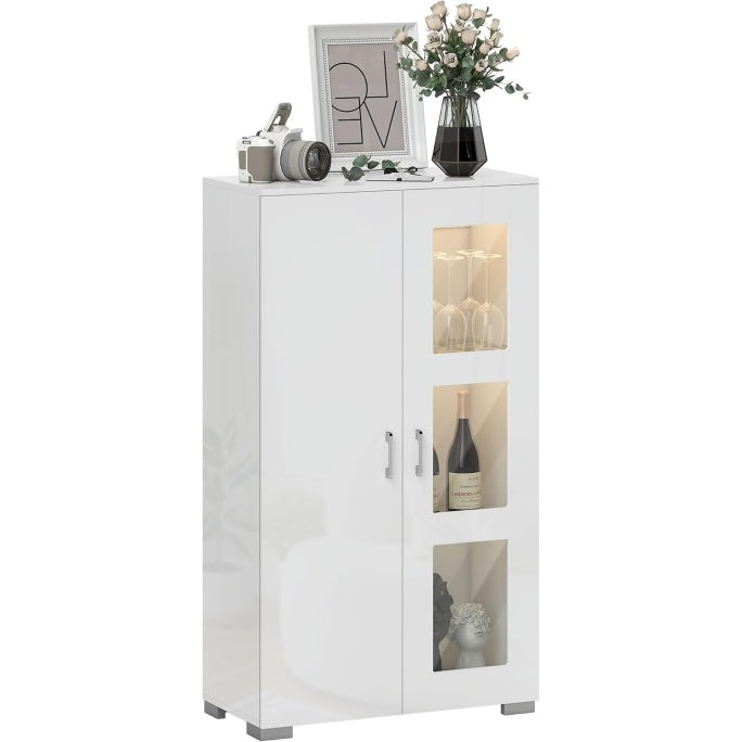 Vitrine blanche brillante avec eclairage LED 16 couleurs et telecommande, meuble de rangement 71 x 35 x 126 cm