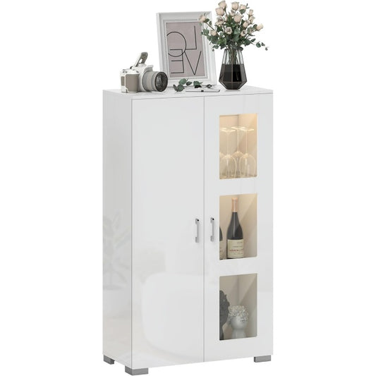 Vitrine blanche brillante avec eclairage LED 16 couleurs et telecommande, meuble de rangement 71 x 35 x 126 cm