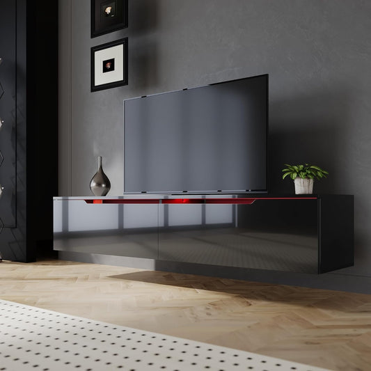 Console multimedia noir brillant avec eclairage LED RGB, ¨¤ poser ou ¨¤ fixer au mur