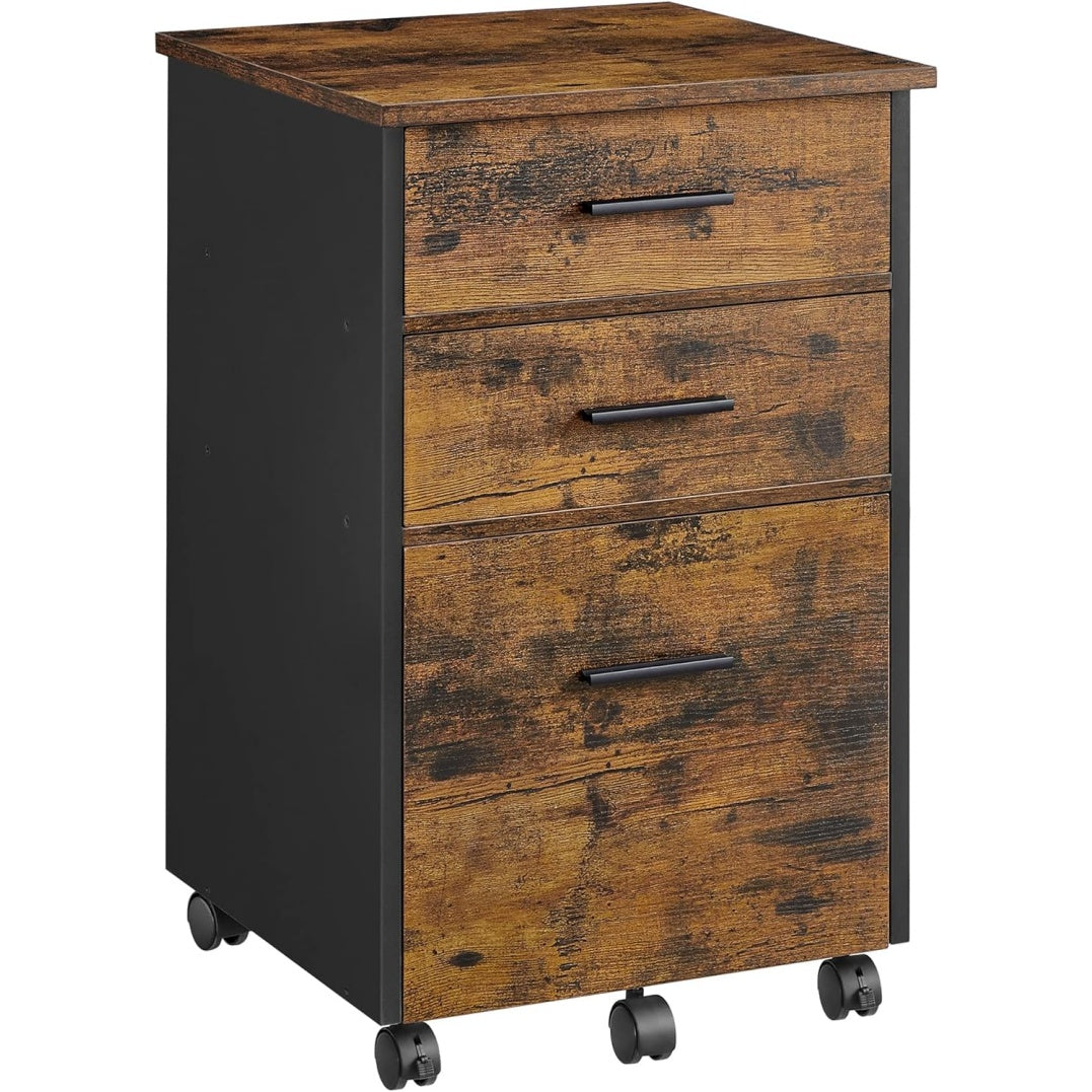 Caisson de bureau compact avec 3 tiroirs et roulettes, meuble de rangement mobile pour bureau, chambre ou salon, marron rustique