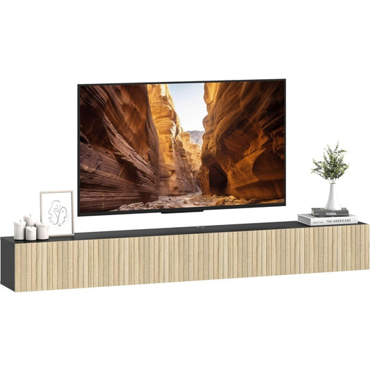 Meuble TV mural 140 cm avec portes cannelees rabattables, rangement integre et finition bois naturel noir