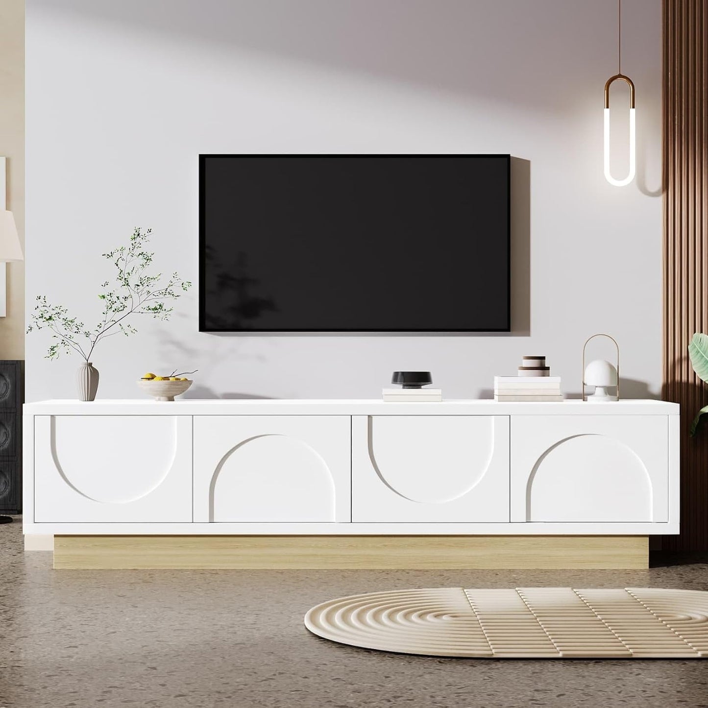 Meuble TV 175 x 40 x 41,5 cm avec 4 compartiments de rangement et passe-cables, banc TV moderne blanc pour salon