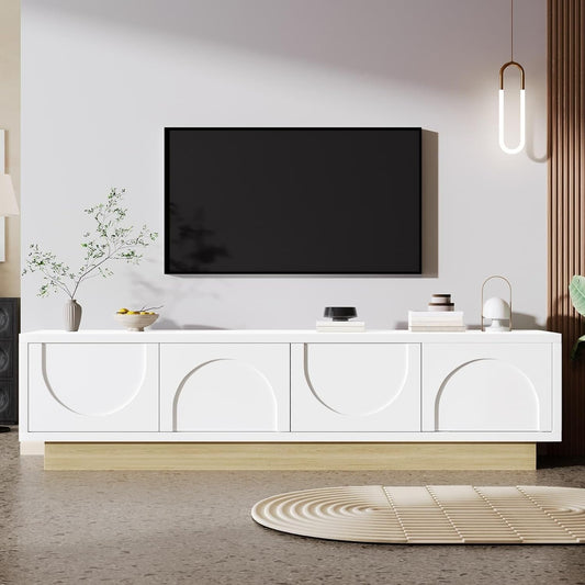 Meuble TV 175 x 40 x 41,5 cm avec 4 compartiments de rangement et passe-cables, banc TV moderne blanc pour salon