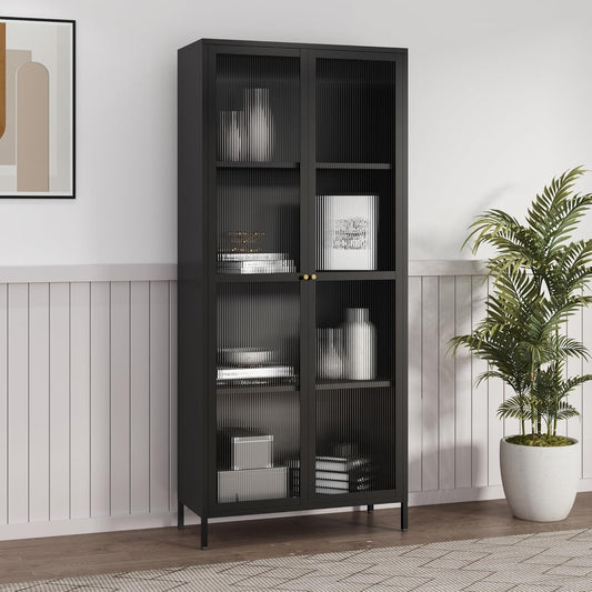 Armoire vitree en acier noir avec portes en verre et plusieurs compartiments de rangement
