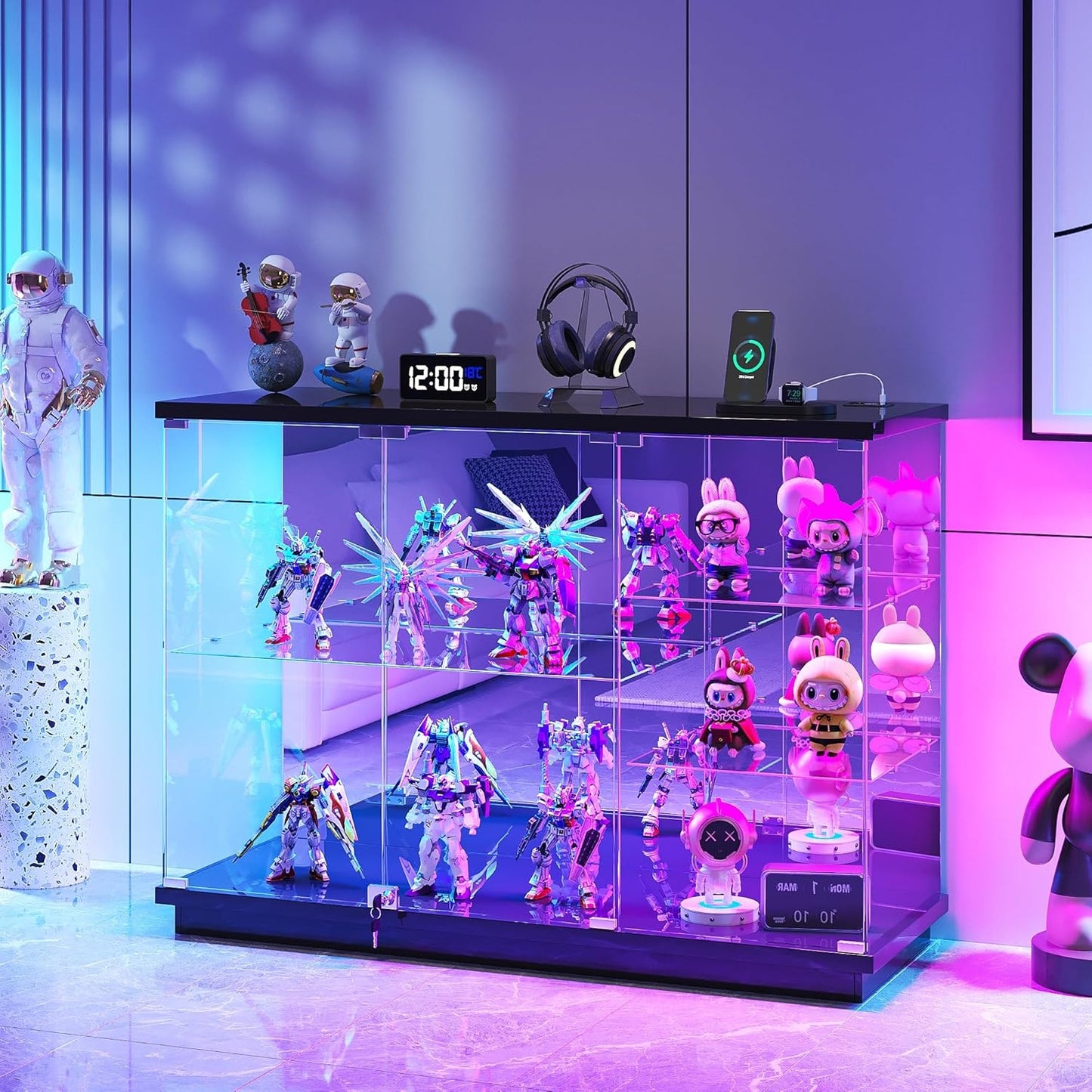Vitrine intelligente avec station de charge, eclairage RGB et capteur de mouvement pour objets de collection