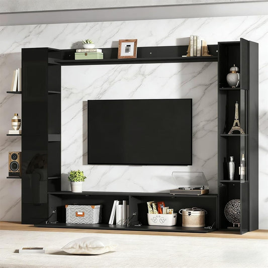 Composition TV 4 pi¨¨ces avec meuble de rangement, etag¨¨res murales et modules ouverts ou fermes, finition noire