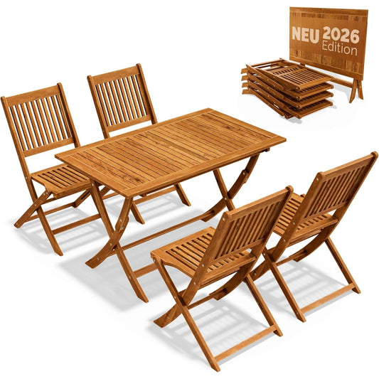 Ensemble repas de jardin en bois d'acacia pour quatre personnes avec table et chaises