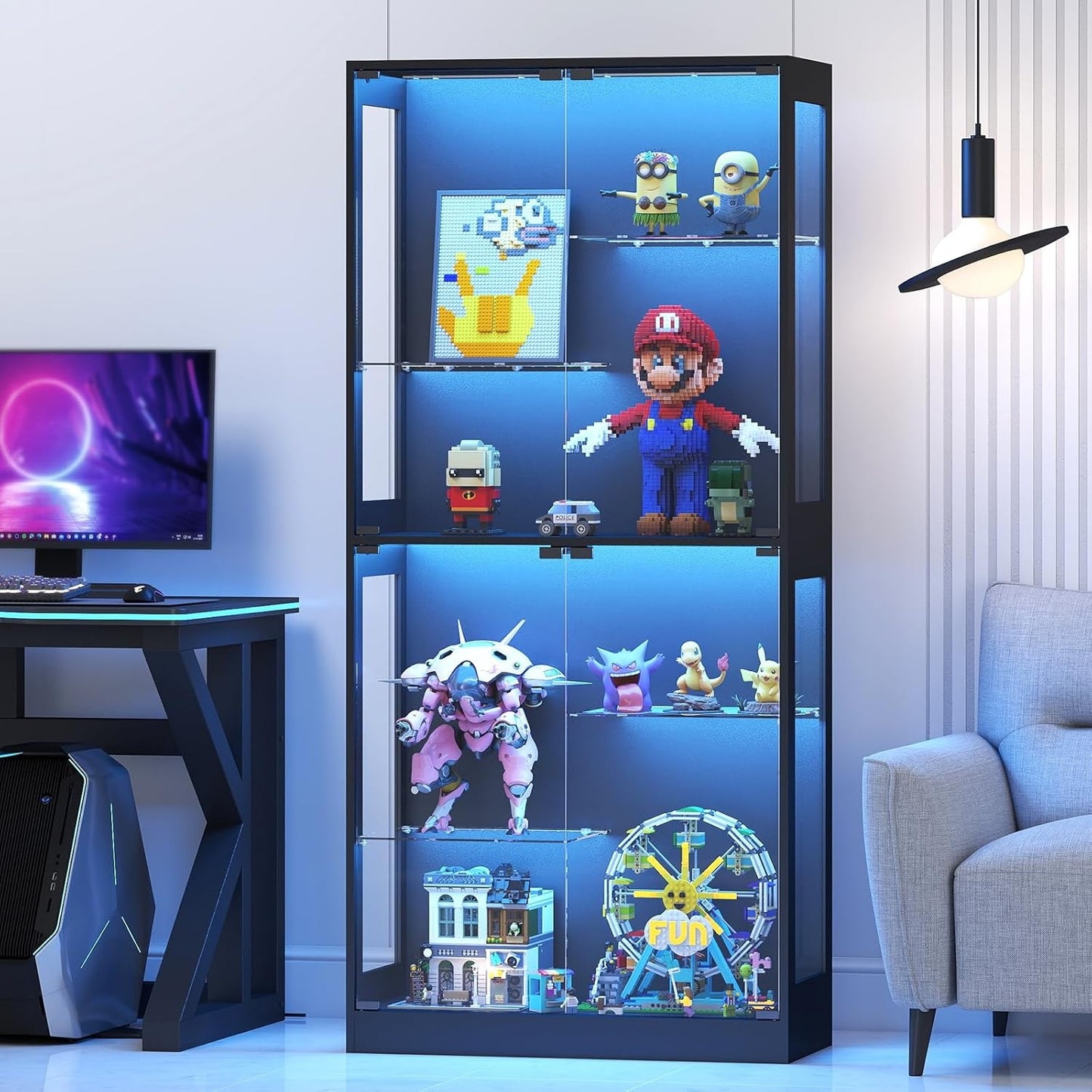Vitrine sur pied 175 cm avec eclairage LED RGB, verre trempe et etag¨¨res reglables, finition noire