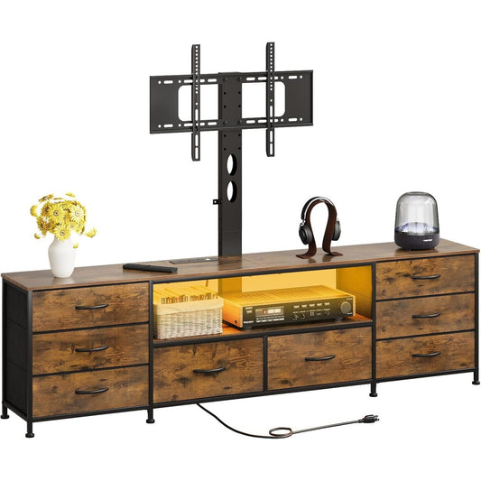 Meuble TV industriel 180 cm avec eclairage LED, multiprise, 8 tiroirs en tissu et compartiment ouvert, support television jusqu'¨¤ 80 pouces