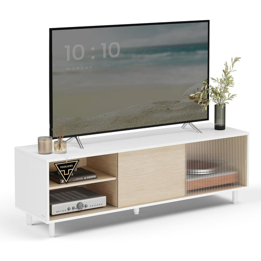 Meuble TV moderne avec montage sans outils, portes en verre cannele et rangement integre, compatible televiseurs jusqu'¨¤ 60 pouces, blanc