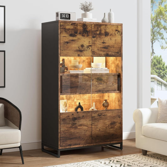 Meuble vitrine sur pied avec eclairage LED, deux portes, deux tiroirs et finition marron vintage