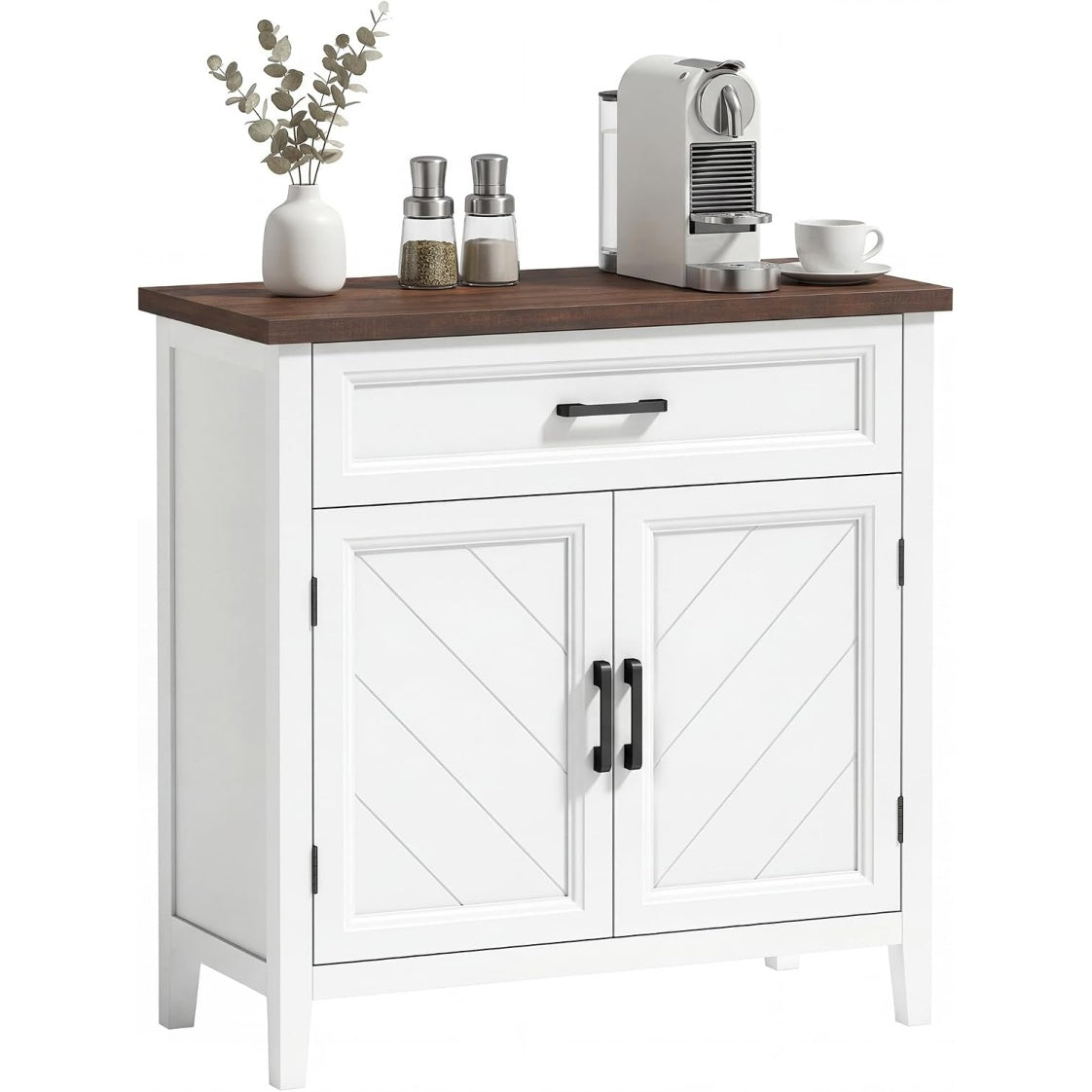 Petit buffet esprit campagne avec facade chevron, tiroir pratique et etagere interieure ajustable, blanc