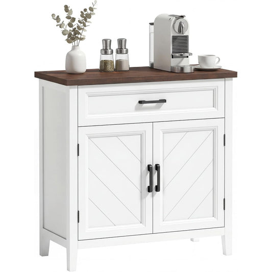 Petit buffet esprit campagne avec facade chevron, tiroir pratique et etagere interieure ajustable, blanc