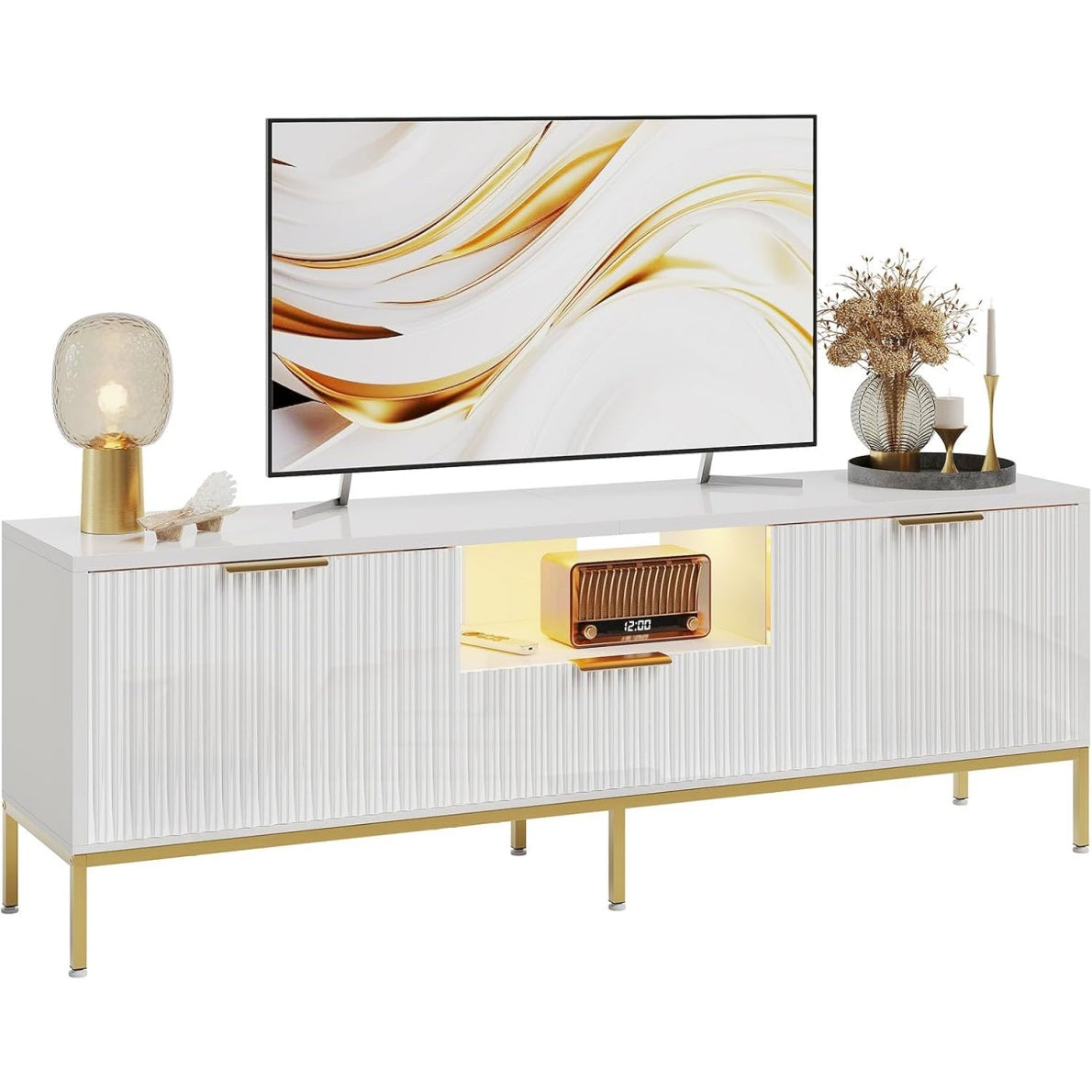 Meuble TV brillant pour televiseur 55 ¨¤ 60 pouces, console multimedia avec rangement et fa?ade ondulee, blanc
