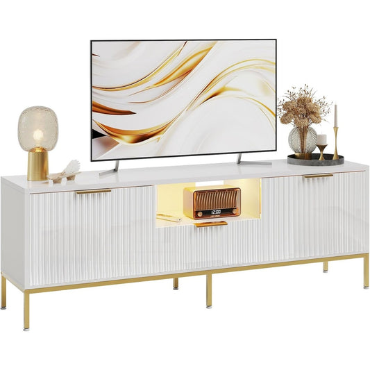 Meuble TV brillant pour televiseur 55 ¨¤ 60 pouces, console multimedia avec rangement et fa?ade ondulee, blanc