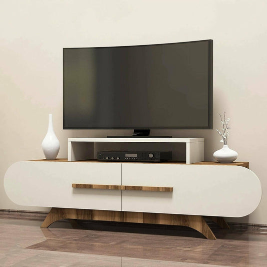 Meuble TV mural compact avec finition noyer et cr¨¨me pour un salon contemporain