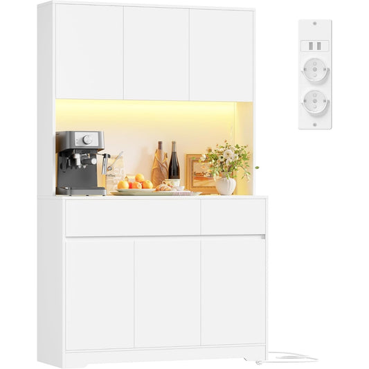 Meuble haut de cuisine 180 cm avec eclairage LED, multiprise integree, six portes et deux tiroirs