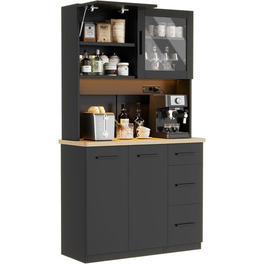 Buffet haut noir avec eclairage LED, prises integrees, trois tiroirs et vaste plan de travail