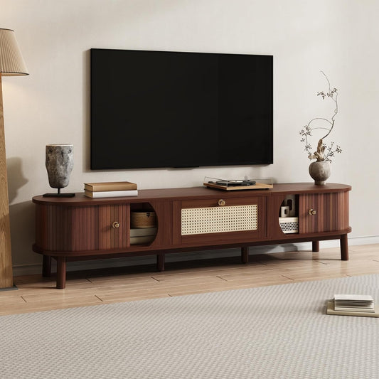 Banc TV 170 cm avec deux portes, tiroirs integres et finition bois naturel