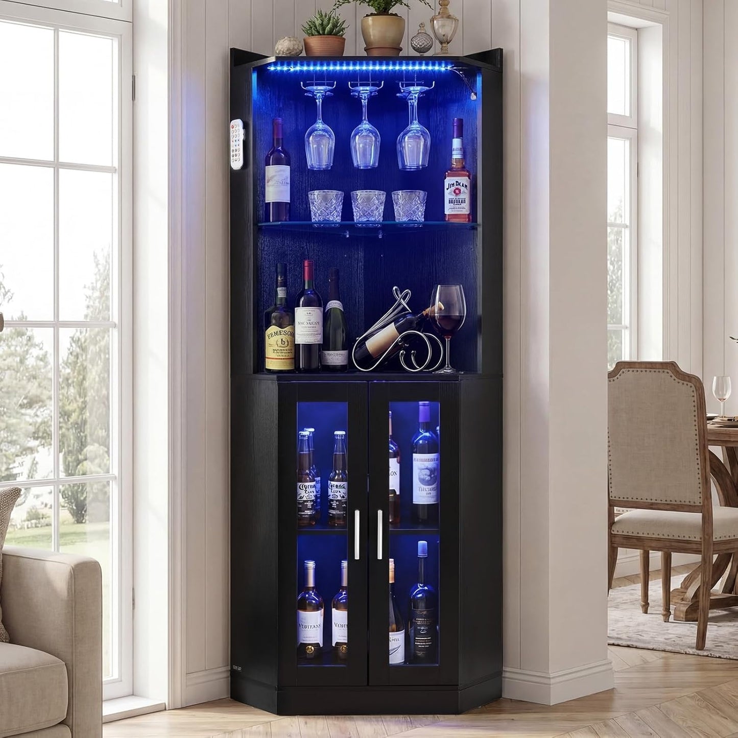 Meuble bar d'angle avec porte verres, eclairage LED reglable et espace pour bouteilles