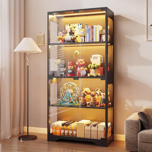 Vitrine LED avec 4 niveaux, portes en verre et eclairage multicolore, meuble d'exposition pour collections, noir