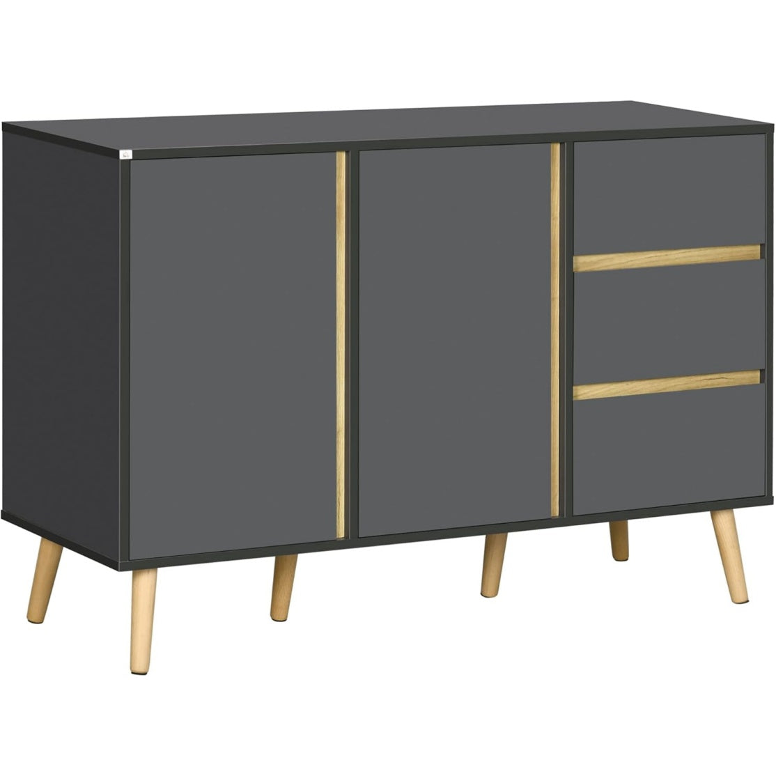 Buffet scandinave sur pieds avec deux portes et trois tiroirs, meuble de rangement 120 x 40 x 80 cm, gris anthracite
