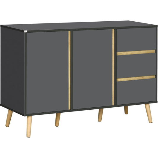 Buffet scandinave sur pieds avec deux portes et trois tiroirs, meuble de rangement 120 x 40 x 80 cm, gris anthracite